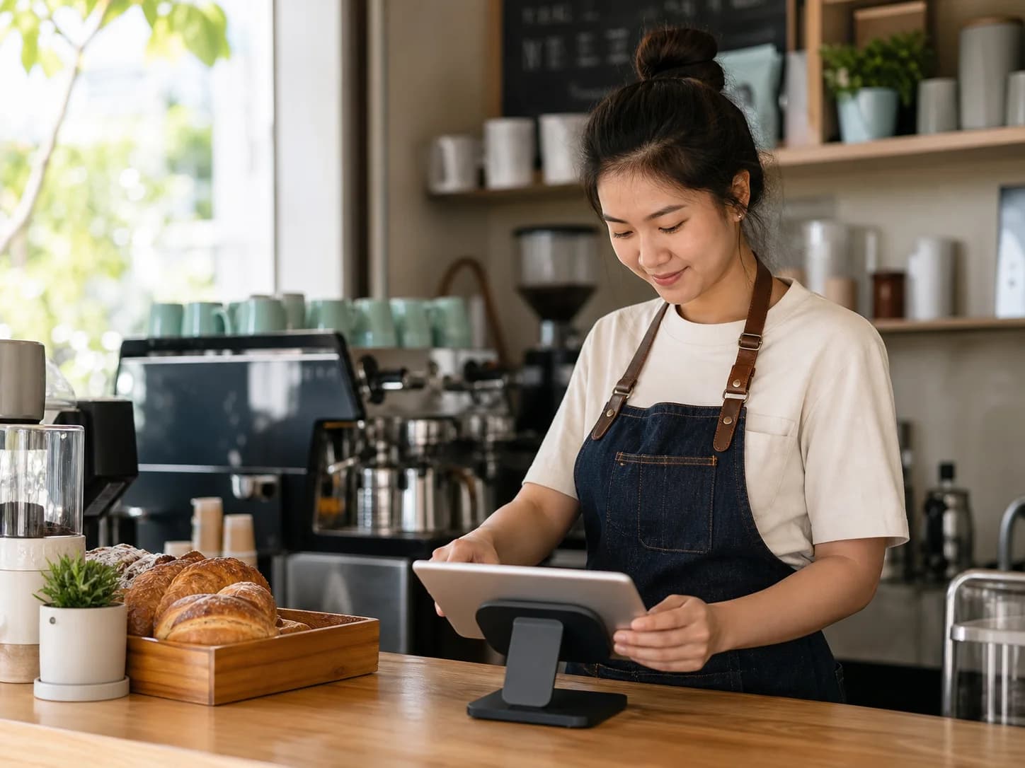 บาริสต้าใช้แท็บเล็ต POS ที่เคาน์เตอร์คาเฟ่ไทยตอนเช้า