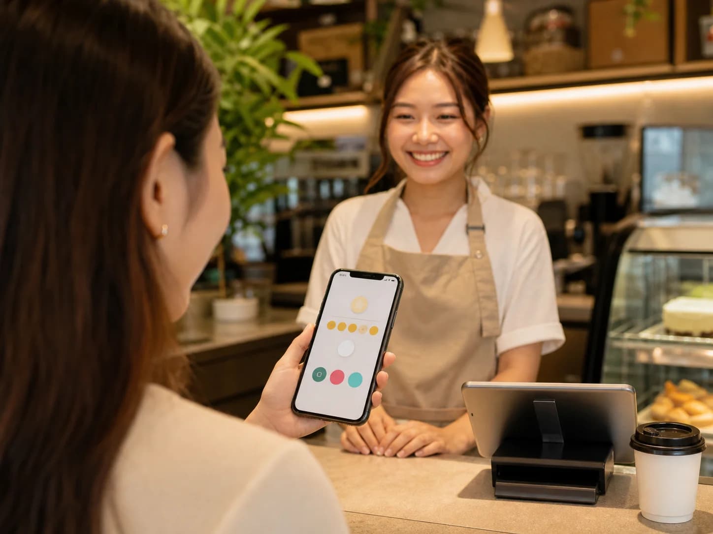 ลูกค้าสะสมแต้มผ่านแอปที่เคาน์เตอร์ร้าน