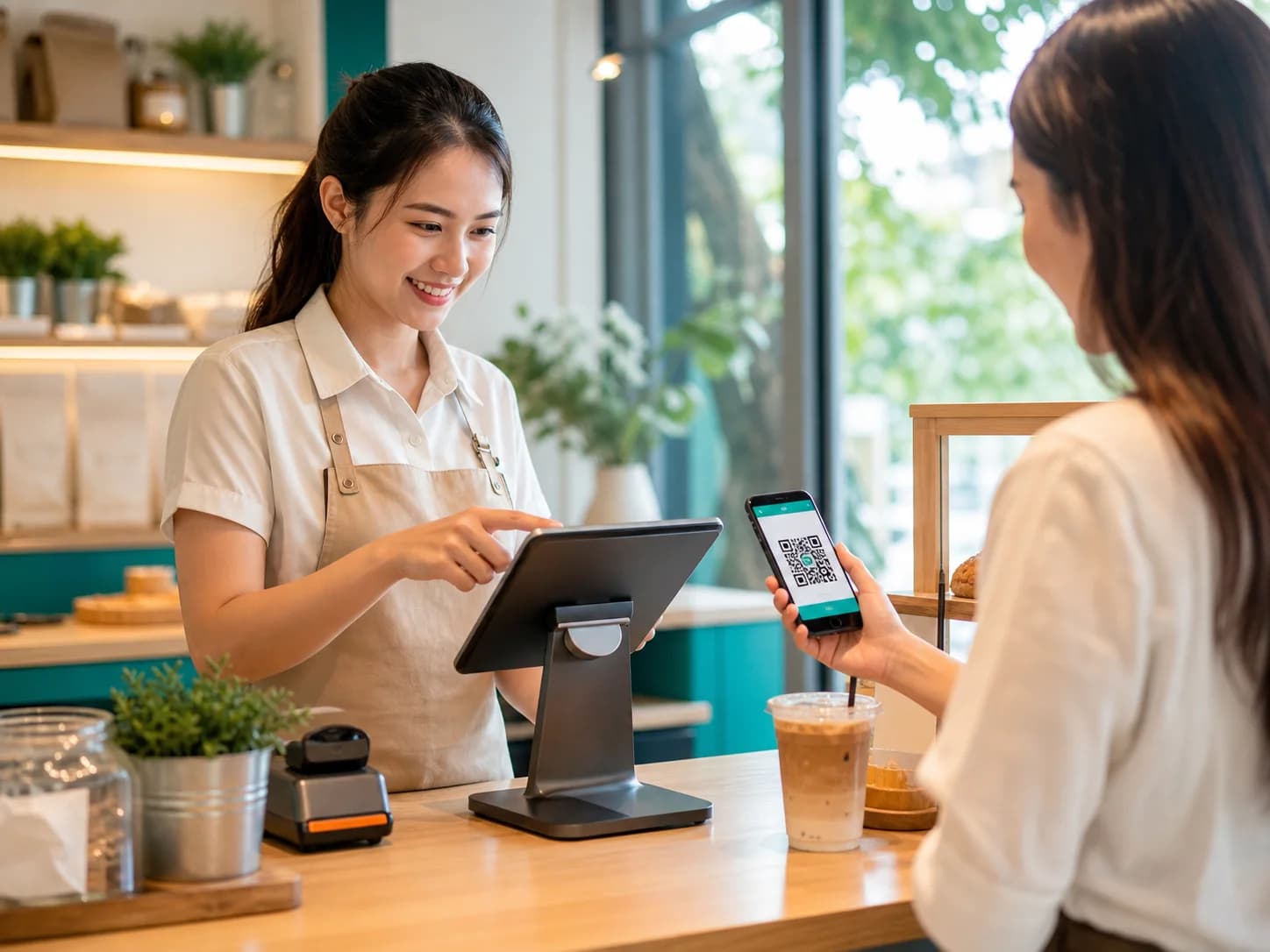 พนักงานกดแท็บเล็ต POS รับเงินที่เคาน์เตอร์ร้านไทย