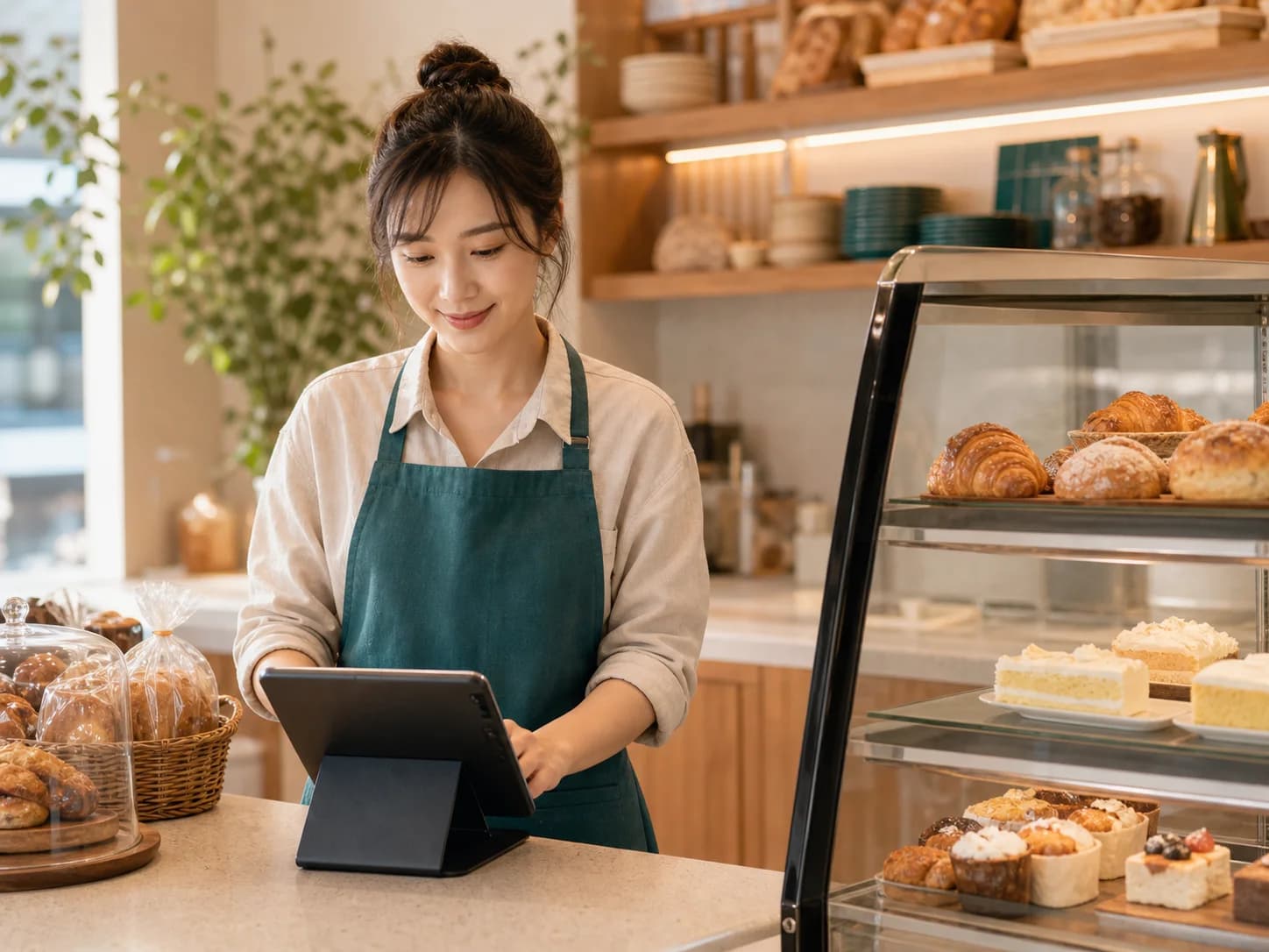 พนักงานร้านเบเกอรี่ใช้แท็บเล็ต POS หน้าตู้ขนม