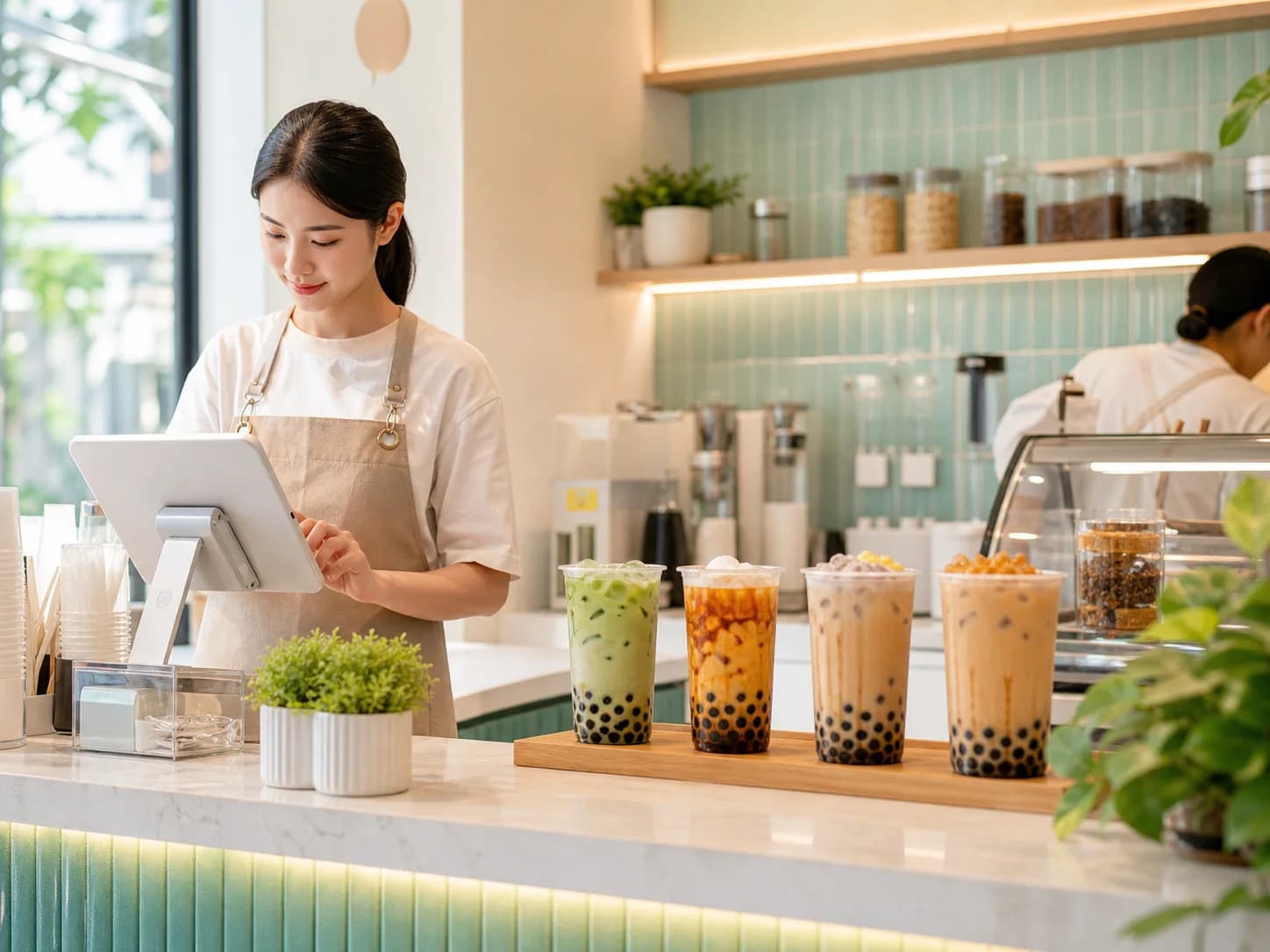 พนักงานร้านชานมไข่มุกใช้แท็บเล็ต POS ที่เคาน์เตอร์