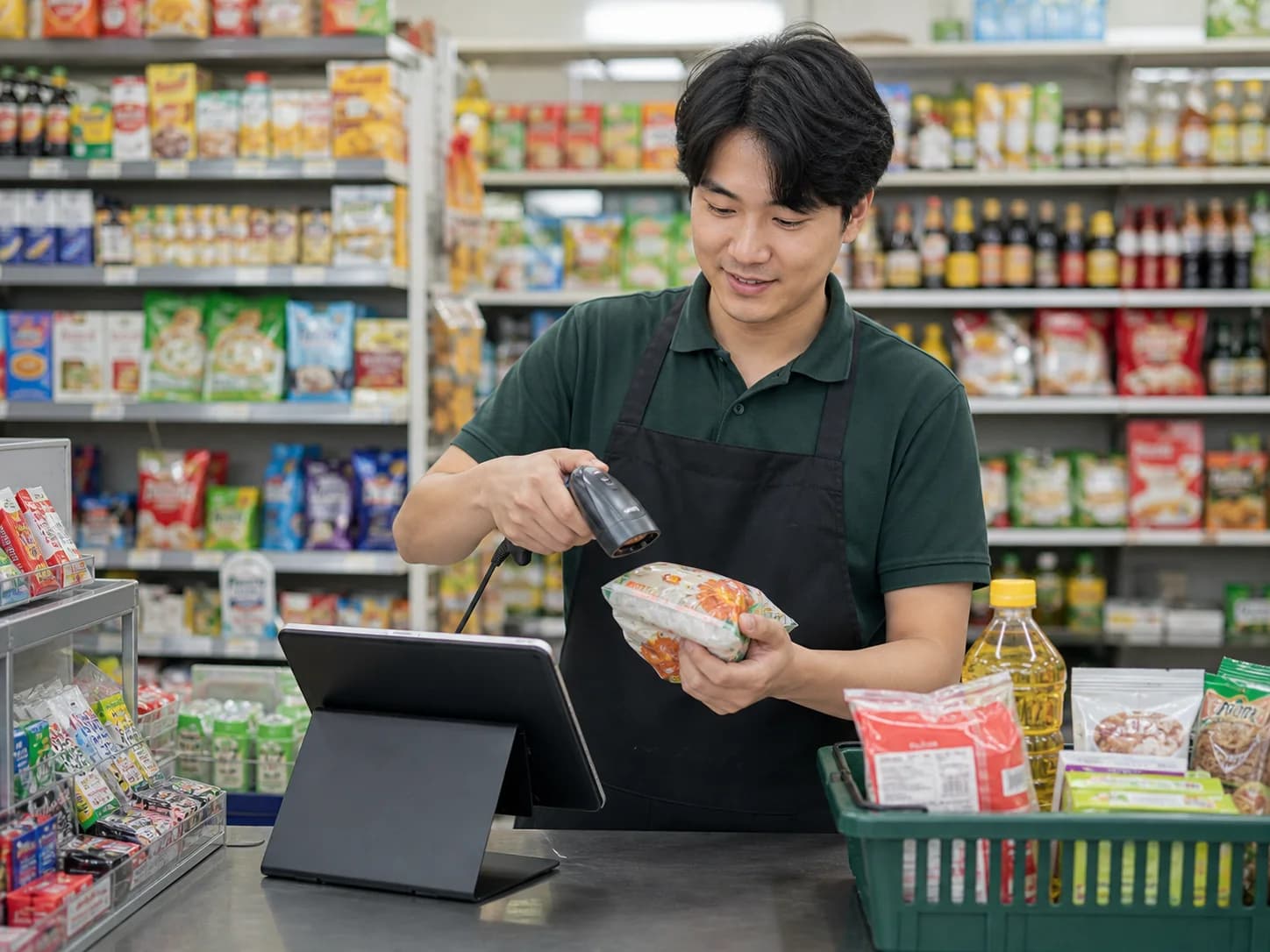 เจ้าของร้านขายของชำยิงบาร์โค้ดด้วยแท็บเล็ต POS