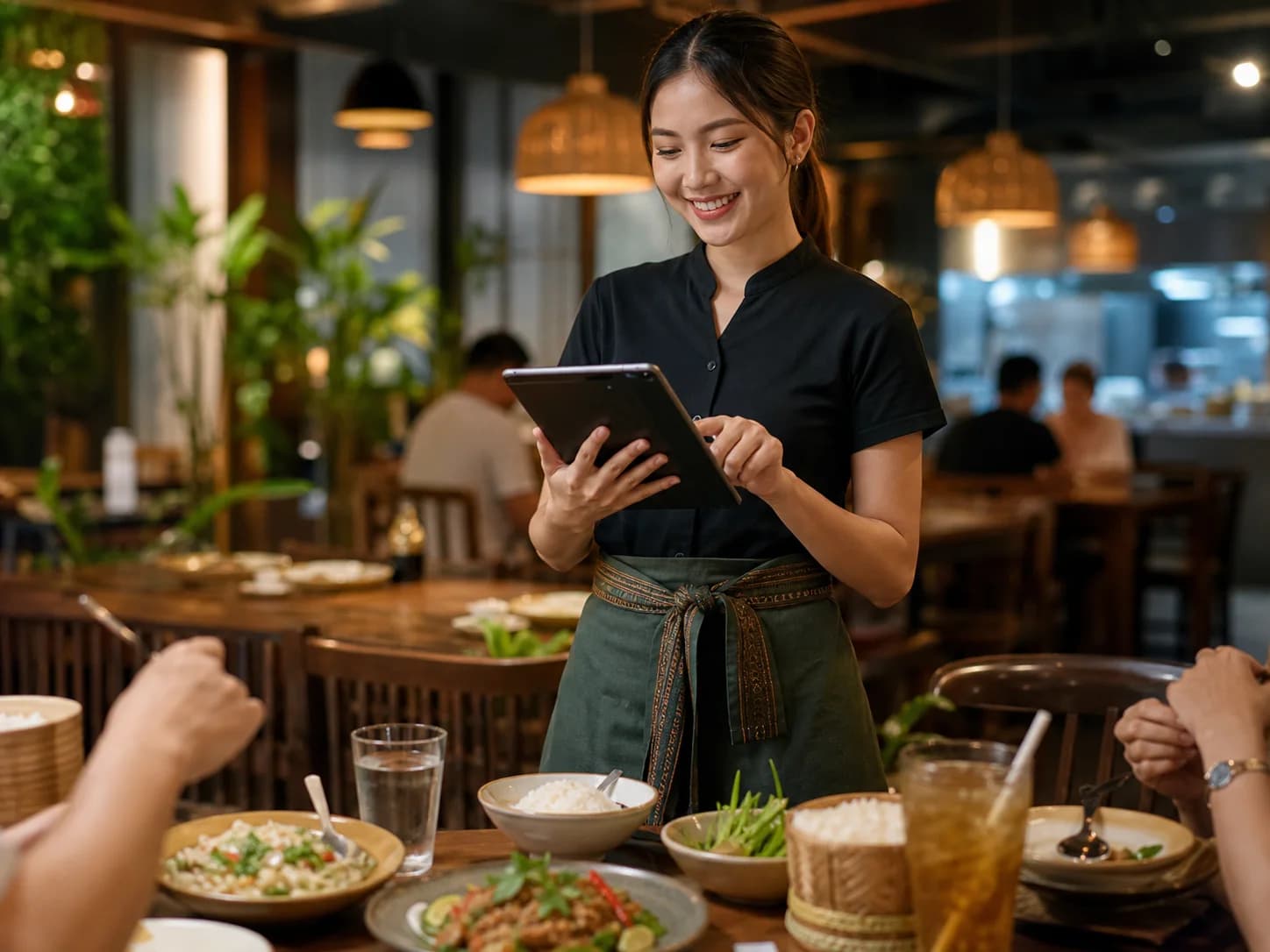 พนักงานร้านอาหารไทยรับออเดอร์ด้วยแท็บเล็ต POS ที่โต๊ะลูกค้า
