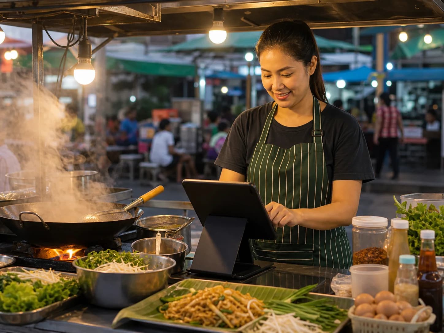 พ่อค้าร้านอาหารตามสั่งใช้แท็บเล็ต POS ข้างเตา