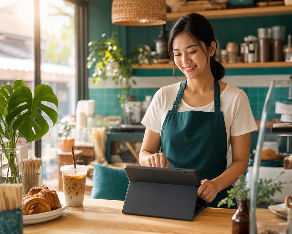 เจ้าของคาเฟ่ไทยกดแท็บเล็ต POS บนเคาน์เตอร์ร้านตอนเช้า