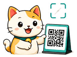 มาสคอตแมวถือป้าย QR สแกนจ่าย